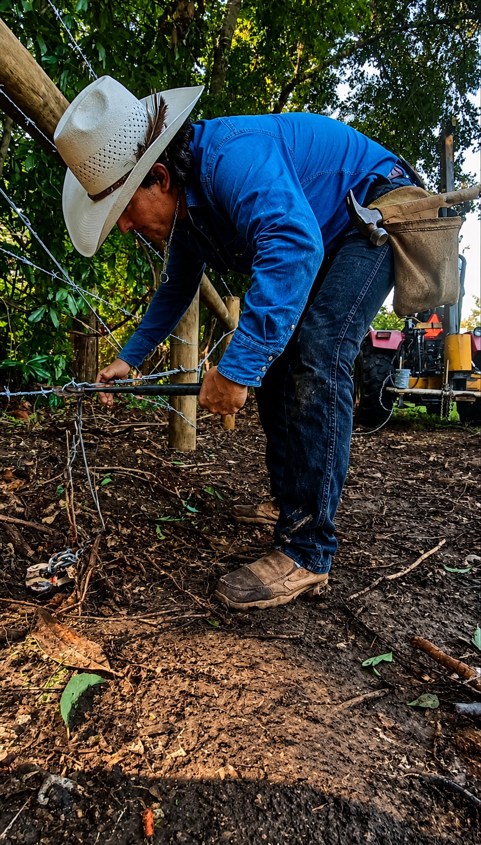 Grant Pruett tying off wire on a corner brace, hammer in his tool belt